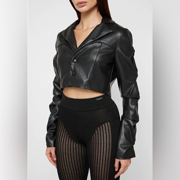 Maniere De Voir tracked vegan leather cropped jacket/blazer long sleeve - black - Picture 3 of 5